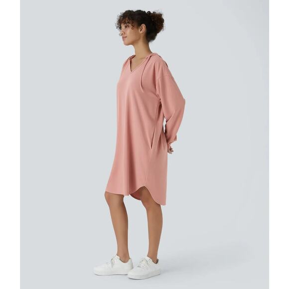 Halara Dress Large Rose Pink Hooded Sweatshirt V Neck Pocket Waffle Knit Casual - Picture 6 of 16